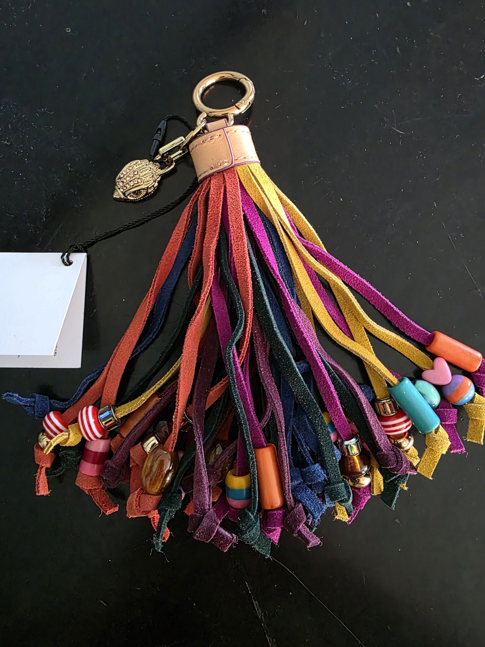Multi-Color Leather Tassel Keychain with Bead Accents